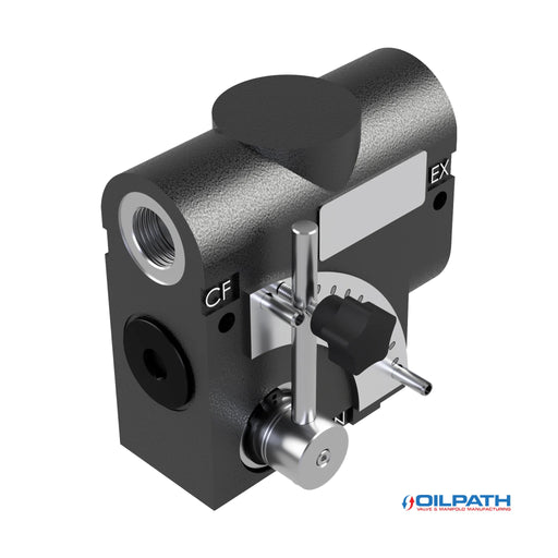 Hydraulic flow control valve with adjustable knob and metal housing.