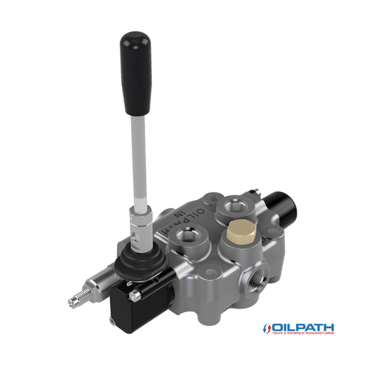 Hydraulic control valve with lever and multiple ports, featuring a metallic finish and Oilpath branding.
