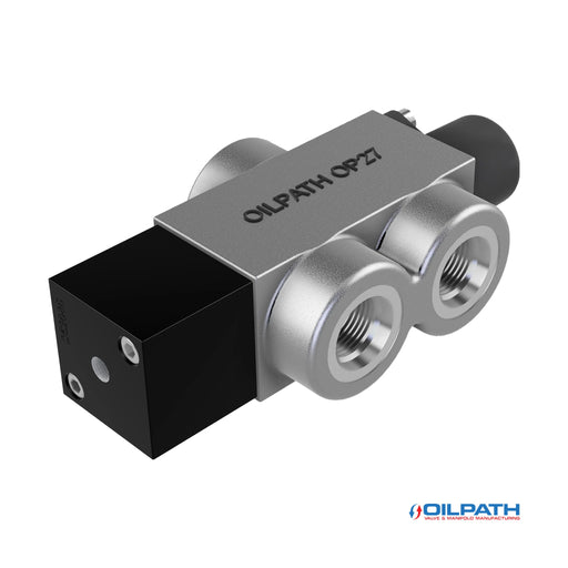 Hydraulic manifold block with dual ports and black mounting section, branded "Oilpath OP27".